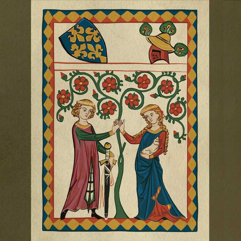 Medieval style illustration of man and woman holding a tree