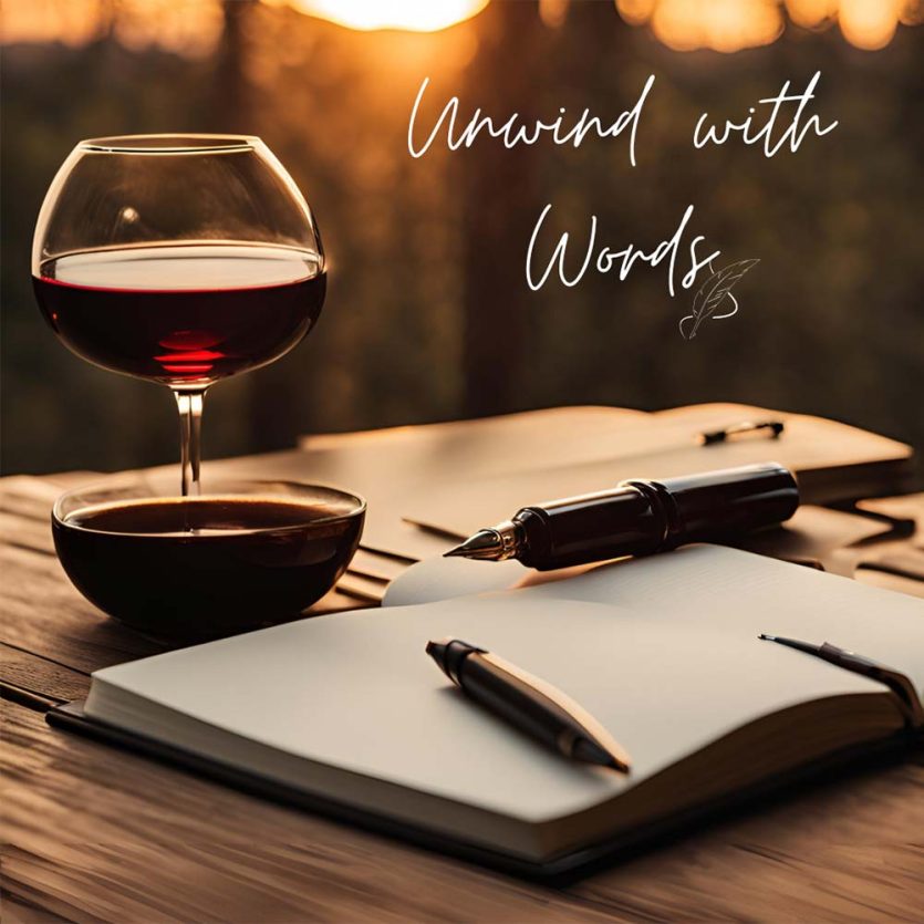 Open note book, fountain pen and glass of wine on table at sun down